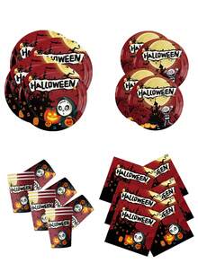 Juego de 50 piezas de vajilla desechable para Halloween, platos de papel, vasos y servilletas con estampado de casa embrujada, calabaza, murciélago y Trick or Treat, tema clásico de Halloween naranja, suministros para fiesta infantil, elementos esenciales para la decoración de la mesa de cena familiar de Halloween - Multicolor - Ver 1