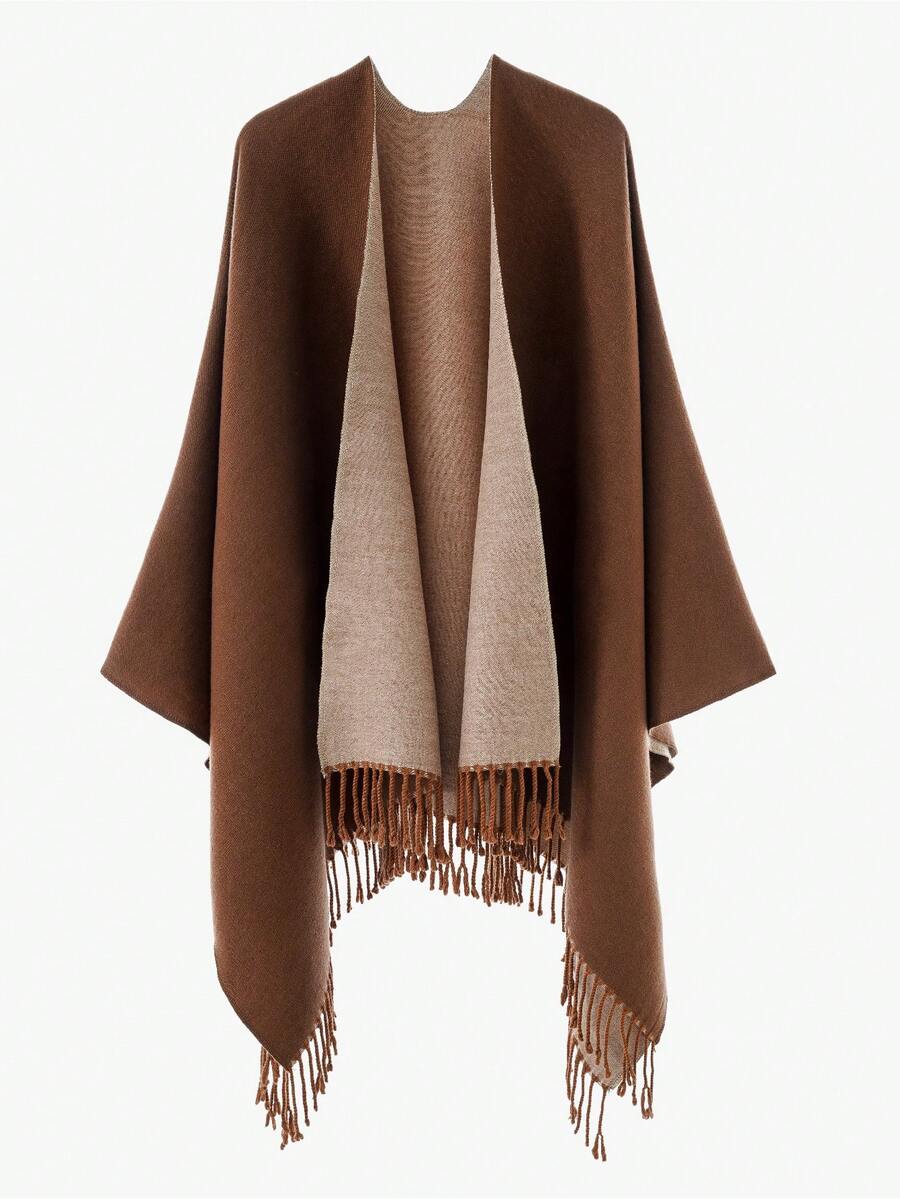 1pc Women's Solid Color Faux Cashmere Tassel Open Front Shawl Warm Cape Cloak