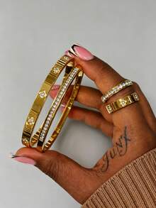 4pcs Stainless Steel Inlaid Shell Plated Gold Bracelet & Ring Set, Waterproof & Fade-Resistant, Suitable For Women's Daily Wear, Holiday Gift - SGS510 Gold - View 8