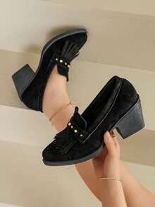 Autumn/Winter New Pointed Toe Tassel Rivet Decor Chunky Heel Loafers For Women, Versatile For Daily Commute, Party, Date - Black - View 3