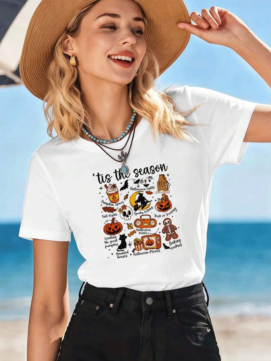 Camiseta de Halloween para mujer con strega y zucca. Tessuto di qualità, vestibilità comoda, stile street hip-hop, traspirante. - Blanco - Ver 1