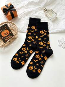 1 Pair Black Base Orange Pattern Halloween All-Over Print Mid-Calf Socks, Pumpkin Bat Spider Goblin Fun Print Party Atmosphere Unisex Slouch Socks - Multicolor - View 8