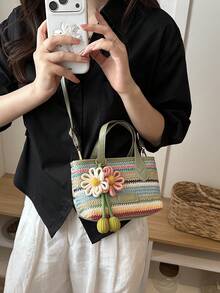 Colorful Striped Women's Handbag, Fashionable Versatile Bucket Bag With Floral Charm, Shoulder Crossbody Bag - Multicolor - View 4