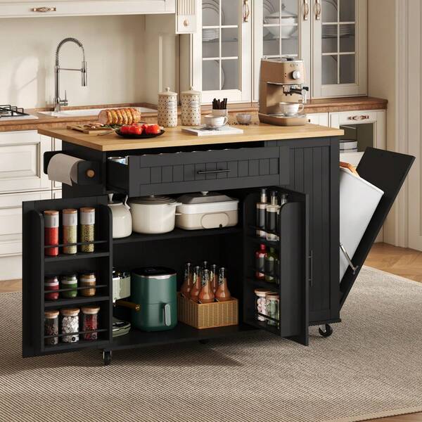 Mobile Kitchen Island With Folding Countertop, Cart, Storage Cabinet, Trash Can Drawer, Shelf Above