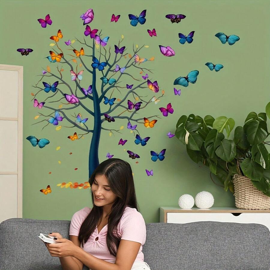 Beautiful Butterfly Tree Wall Decal, Self-Adhesive Removable PVC, Perfect For Your Living Room, Bedroom, Study, Home Decor, Living Space - Multicolor - View 1