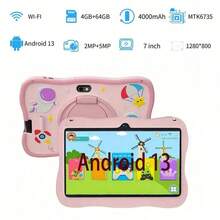 Tablet 7 inci dengan RAM 4GB + ROM 64GB / Prosesor Quad-Core 1.3GHz / Android 13 MTK8321 / Layar IPS HD 1280x800 / Kamera 2MP+5MP / Baterai 4000mAh / WiFi, Kontrol Orang Tua, Edukasi, Game / Bahan ABS + Silikon, Tablet Edukasi - Pink - Astronot - View 10