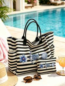 1/2 Piezas Juego de Bolsa de Mano a Rayas y Bolsa de Cosméticos con Patrón de Tortuga. Una Bolsa de Playa Espaciosa y Elegante con un Diseño Simple pero de Moda. - Multicolor - Ver 4
