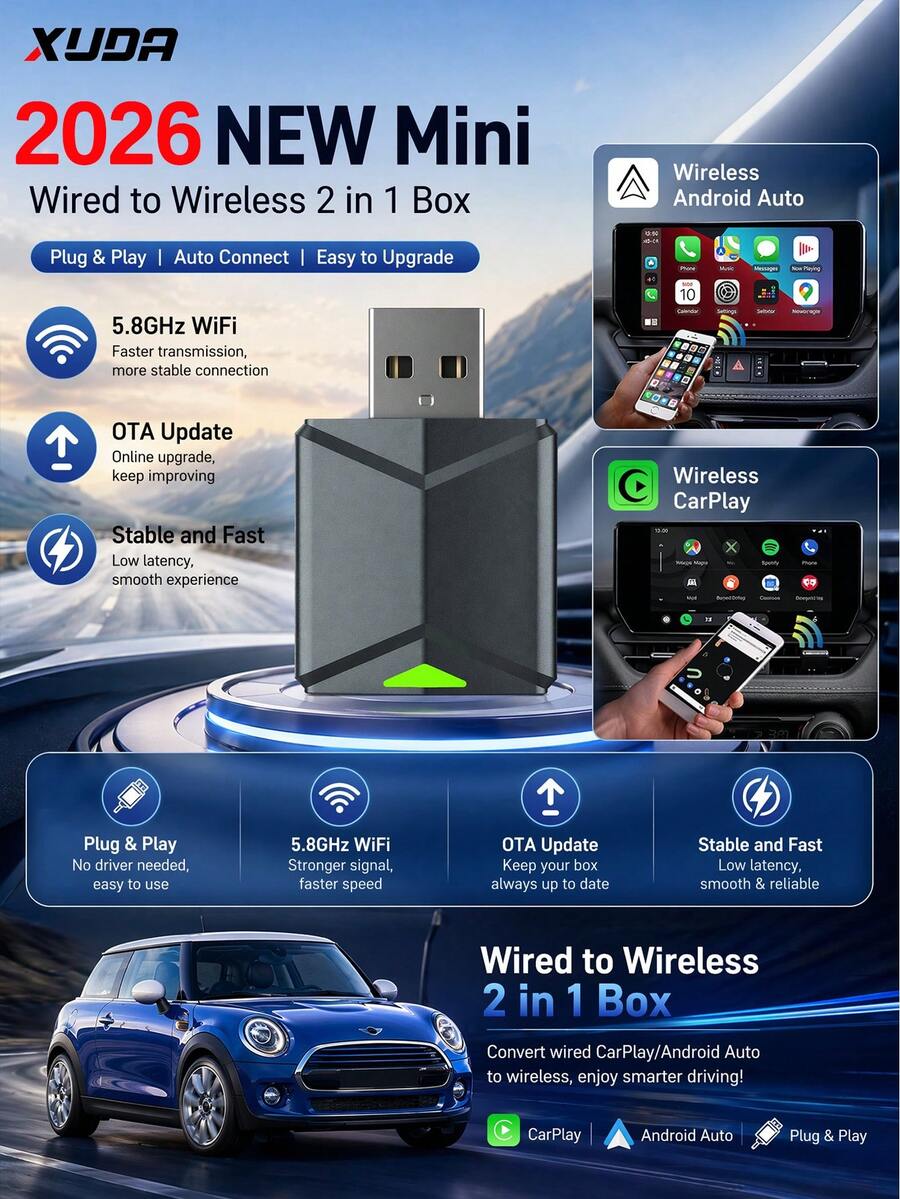 XUDA 2026 NEW Mini Carplay Ai Box Wired To Wireless CarPlay & Android Auto2 In 1 Adapter For 99% Origianl Car With Wired CarPlay/Android Auto 2.4~5.0 GHz WiFi5 Stylish And Portable