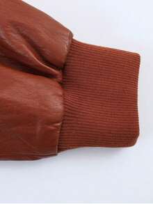 Autumn/Winter Solid Color Faux Leather Padded Shoulder Aviator Jacket - Burgundy - View 9