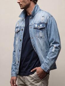 Men's Fashion Casual Street Distressed Multi-Pocket All-Match Denim Jacket, American Versatile Minimalist College Style Autumn/Winter Denim Outerwear - Light Wash - View 2
