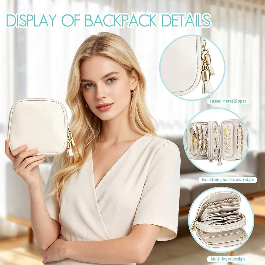 Portable Mini Travel Jewelry Bag, Multi Zone Small Jewelry Storage Bag, Tassel Zipper Design, PU Wear-Resistant Leather, Can Store Rings, Earrings, Necklaces, Bracelets, Small And Portable, Dual-Use For Daily Travel - View 1
