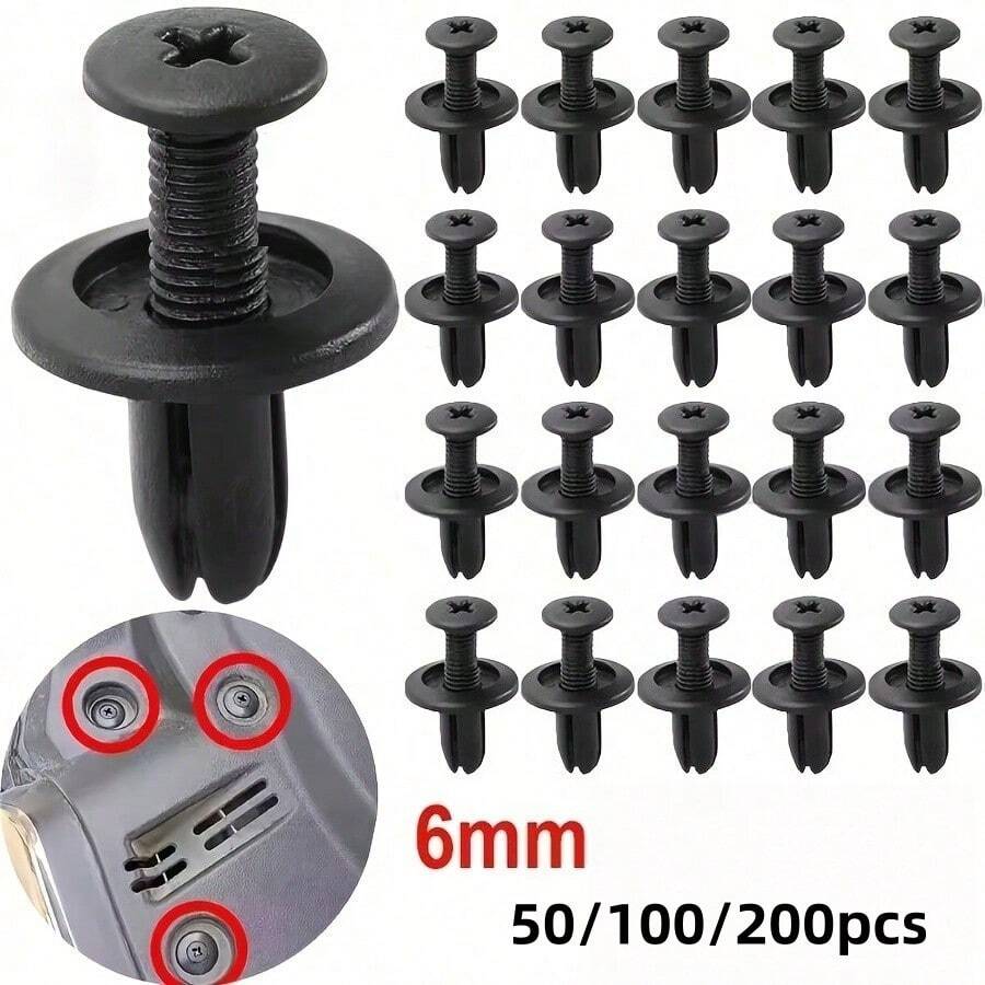 50/100/200入 6mm汽車塑料鉚釘夾，桿固定卡扣，通用汽車車門葉子板壓入式固定銷，適用於車內飾面板、擋泥板、引擎蓋更換