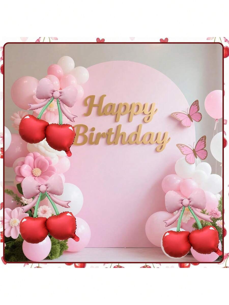 1/2/4pcs Red Cherry Pink Bow Foil Balloons, Self-Sealing, Perfect For Cherry Theme Birthday And Summer Wedding Party - Bowknot Cherry Balloon - View 1