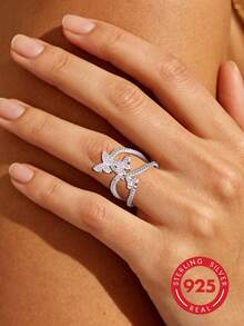 1pc 925 Sterling Silver Cubic Zirconia Butterfly Multi-Layer Wide Ring, Suitable For Women's Summer Casual Vacation Wear, Also Can Be Given As Holiday And Birthday Gift. - Silver - View 10