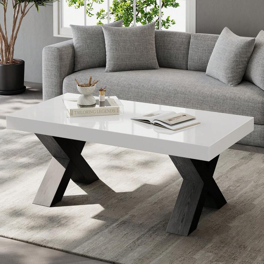 Rectangular Coffee Table - Glossy Top - X-Shaped Leg Side Table For Living Room, Balcony, Bedroom, - Black and White - View 1