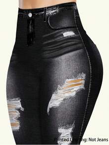 Celana Panjang 7/8 Ukuran Plus Modis, Motif Denim, Potongan Slim Fit, Desain Detail Rusak, Elastisitas Sedang, Untuk Liburan Musim Semi, Musim Panas, dan Musim Gugur - MultiWarna - View 4