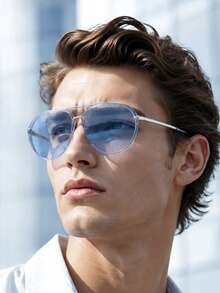 1 Pair Men's Blue Double Bridge Aviator Fashion Sunglasses, Refreshing Minimalist Mature Style Versatile Sunglasses, Suitable For Daily Commute, Business Office, Outdoor, Street, Travel, Vacation, Driving - Transparent Blue Film - View 2