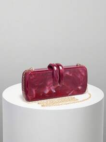 Acrylic Evening Clutch Bag, Box Design Rabbit Tooth Clasp, Marble Print Handbag, Fashionable Chain Crossbody Bag For Wedding Party Prom Formal Event - Burgundy - View 7