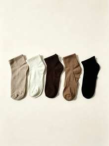5 Pairs Women's Autumn/Winter Mid-Calf Short Socks, Fashionable Solid Color Socks, Suitable For Postpartum, Sports, Random Delivery - Multicolor - View 4