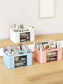 2 Drawers Desktop Organizer, 5 Compartments Multi-Functional Pen Holder, Office Desk Storage Caddy - Multicolor - View 2