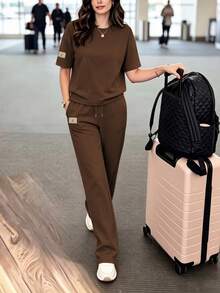 Women's Casual 2 Pieces Set, Round Neck T-Shirt With Long Slightly Elastic Pants, Comfortable Loungewear Set With Pockets Elegant Summer - Khaki - View 2