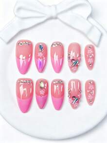 10pcs Medium Almond Handmade Press-On Nails, Cute Summer Y2K Pink French Jelly Base With 3D Mini Flowers & Iridescent Rhinestone Decor, Reusable, Suitable For Daily Wear, Dates, Vacation, Office, School - Pink - View 1