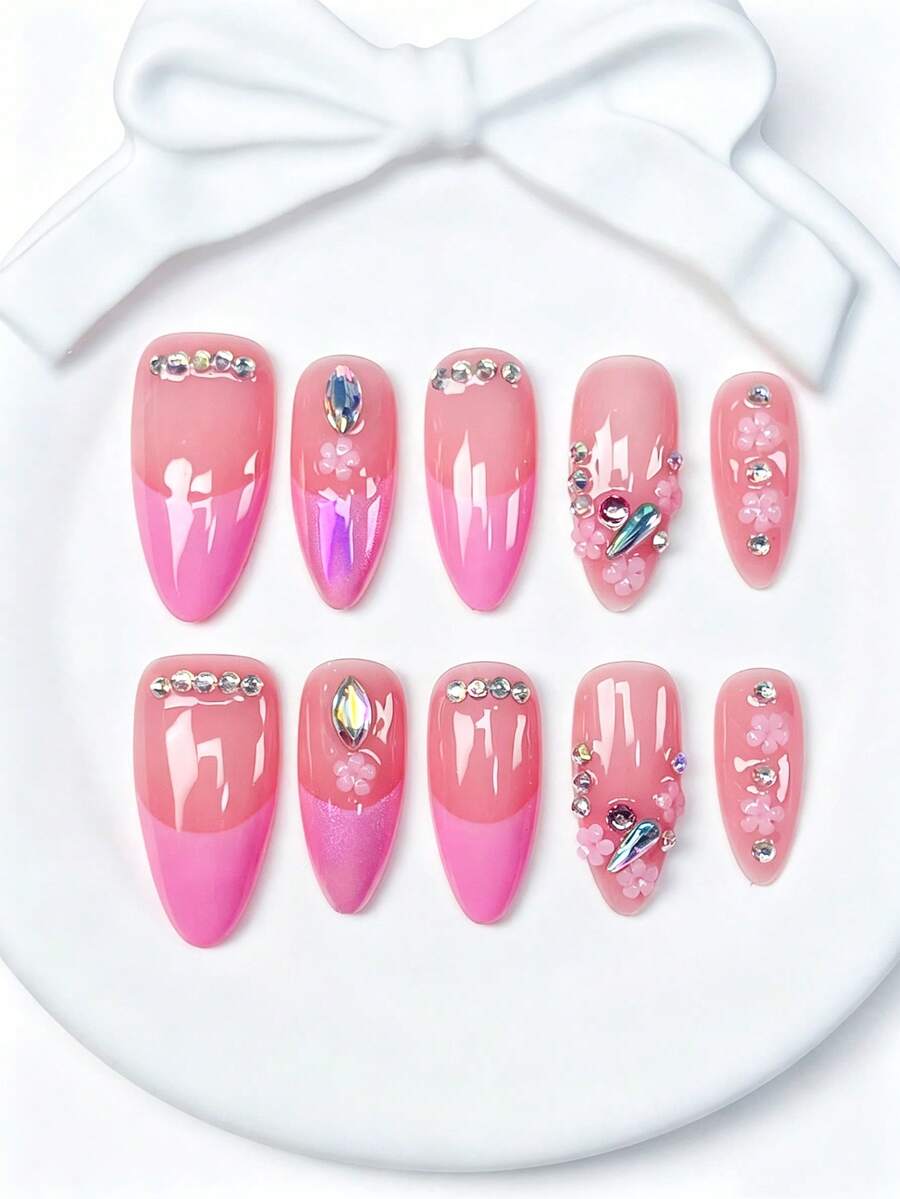 10pcs Medium Almond Handmade Press-On Nails, Cute Summer Y2K Pink French Jelly Base With 3D Mini Flowers & Iridescent Rhinestone Decor, Reusable, Suitable For Daily Wear, Dates, Vacation, Office, School - Pink - View 1
