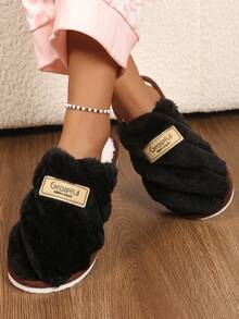 Women's Thick Striped Letter Plush Slippers, Winter Indoor Warm Slip-On House Shoes, Couple Shoes - Black - View 1