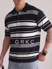 Men's Polo Shirt, Turn-Down Collar, Short Sleeve, Knitted, Slim Fit, Straight Cut, Casual Daily Wear, Horizontal Striped Knit T-Shirt, Spring/Summer - Black - View 5