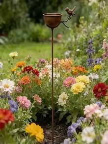 Vintage Distressed Rusty Bird Feeder Garden Stake, Metal Bird Bath Basin Yard Decor, Exquisite Design, Natural Finish, Suitable For Hummingbirds, Birds And Insects, Garden Water Feature, Elegant Bird Bath, Spring And Summer Garden Decoration - A - View 5