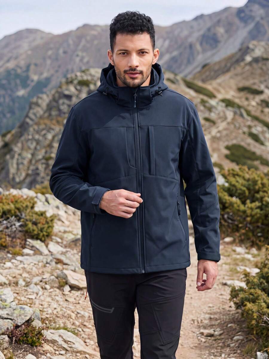 KEFITEVD 男士軟殼連帽外套 抓絨內裡 保暖透氣 6個口袋 可調節袖口與下擺 適合登山露營戶外活動