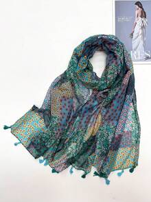 1pc Bohemian Floral Elegant Elegant Minimalist Fashion Versatile Daily Casual Gathering Party Cosplay Vacation Travel Beach Headwrap Sun Protection Shawl Scarf For Women - Cadet Blue - View 7
