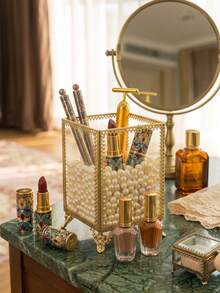 1 Makeup Brush Holder With Lid, For Storing Makeup Brushes And Eyebrow Pencils, Transparent Glass Material, Decorated With Pearls. Perfect For Organizing A Woman's Desk, This Storage Box Is An Ideal New Year's Gift For Women - Gold - View 1