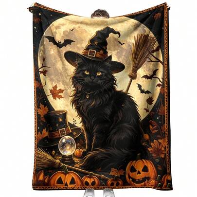 1pc Vintage Halloween Witch Black Cat Flannel Printed Blanket, Full Moon Broom Crystal Ball Pumpkin Bat Maple Leaf Border Print Soft Flannel Blanket, Deep Autumn Witch Theme Decorative Blanket, Suitable For Sofa Bed Use, Perfect Gift For Halloween Enthusiasts