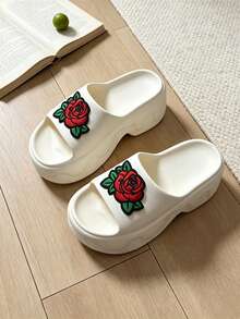 Women's Rose Embroidered Platform Slippers, EVA Platform Slides, Open-Toe Comfort Sandals, Y2K Style Indoor & Outdoor Dual-Use Footwear - White - View 7