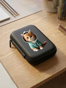 Hard Zipper Storage Bag, Cartoon Cat Pattern Portable Protective Case, Suitable For Electronic Products, Data Cables, Earphones, Small Digital Products - Black - View 1