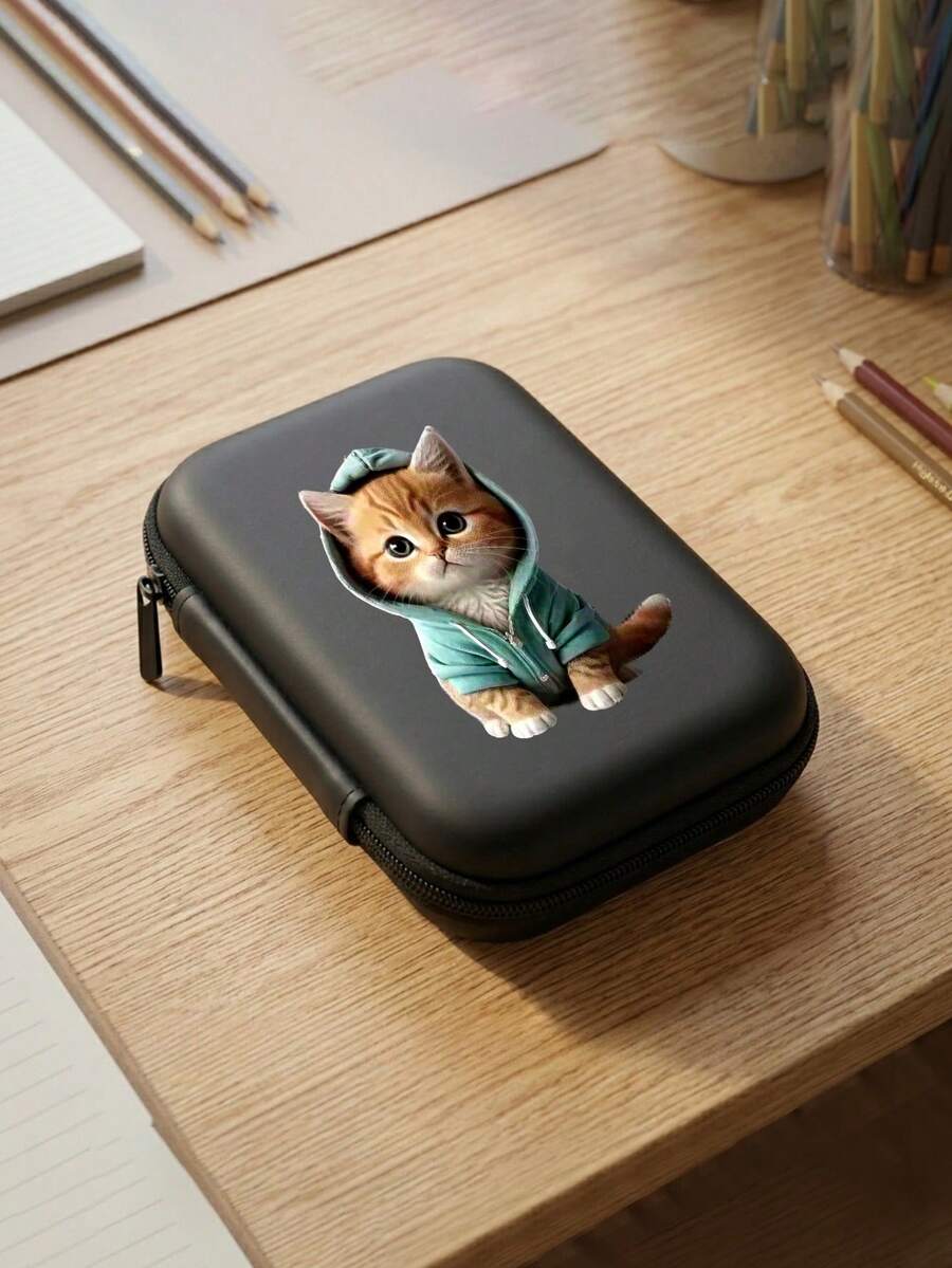 Hard Zipper Storage Bag, Cartoon Cat Pattern Portable Protective Case, Suitable For Electronic Products, Data Cables, Earphones, Small Digital Products - Black - View 1