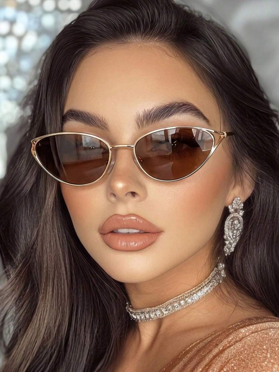 1 pieza Gafas de ojo de gato vintage con marco ovalado de metal, lentes de color té degradado premium, accesorio de estilo minimalista de lujo, adecuado para el uso diario, vacaciones en la playa, fotografía de calle y regalo para amigos, combina perfectamente con atuendos elegantes y sofisticados del día a día - Multicolor - Ver 1