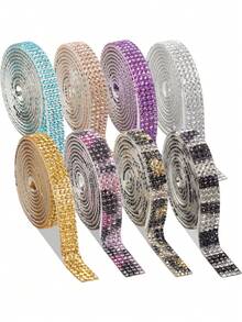 Rollo de tira autoadhesiva de strass todo en uno de 8 colores, cinta de lentejuelas de cristal brillante, adecuada para interior de coche, vaso, funda de teléfono, decoración de manualidades DIY - 4 filas, 1 yarda de ancho - Ver 1