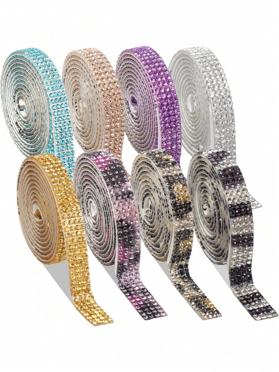 Rollo de tira autoadhesiva de strass todo en uno de 8 colores, cinta de lentejuelas de cristal brillante, adecuada para interior de coche, vaso, funda de teléfono, decoración de manualidades DIY - 4 filas, 1 yarda de ancho - Ver 1