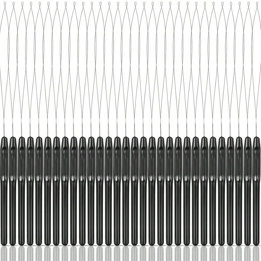 30/50/100 Pieces Hair Extension Loop Needle Threader Wire Pulling Hook Tool And Bead Device Tool Plastic Loop Needle For Hair Or Feather Extensions Supplies, DIY, Black, Halloween - View 1