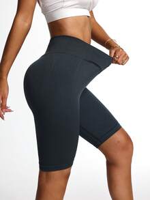 Leggings deportivos de punto sin costuras con cintura en V hasta la rodilla, cintura alta sin enrollamiento, suaves y amigables con la piel, para yoga, fitness y uso casual diario - Gris - Ver 7