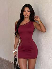 Women's Summer Red Asymmetrical Shoulder Lace Hollow Mini Dress For Birthday, Holiday, Party - Burgundy - View 2