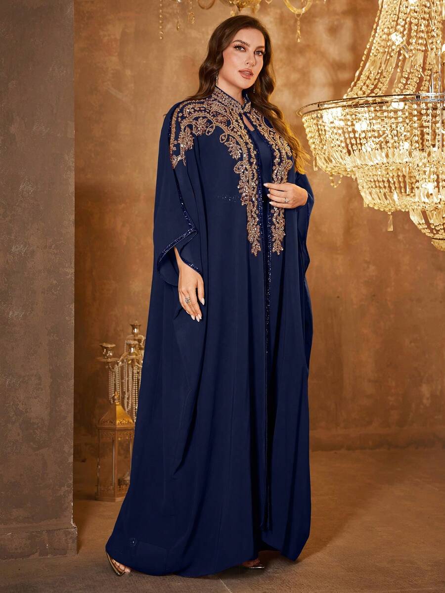 SUPGIR 大尺碼女款長袖腰帶雪紡優雅阿拉伯風晚禮服 秋季 - 藏蓝色 - 查看 1