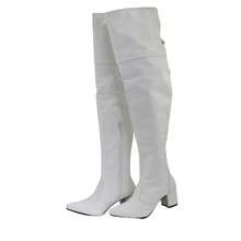 Bota Feminina Over Branca Cano Acima Na Coxa Salto Bloco Bico Fino Clássica Elegante - Branco - Visão 3