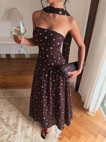 Women's Brown Polka Dot Print Sleeveless Dress With Neck Bow, Sweet And Elegant Summer Vacation - Brown - View 4