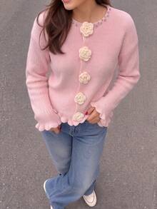 Romantic Pink Round Neck Knit Cardigan 3D Rose Fasteners Ruffle Edge Long Sleeve For Fall Holiday Brunch City Strolls - Pink - View 5