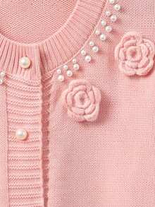 Fall Winter Women Pink Crew Neck 3D Flowers Knit Cardigan Xmas New Year Sweet Button Long Sleeve Jacket - Pink - View 8