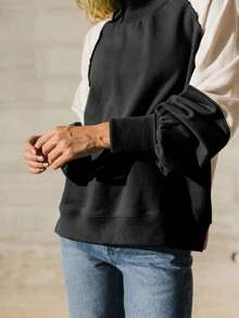 Sweatshirt Wanita Gaya Retro Musim Gugur/Dingin, Model Retro Colorblock Patchwork, Kerah Setengah Tinggi, Atasan Kasual Lengan Panjang Longgar dan Modis yang Menonjolkan Bentuk Tubuh. - Hitam - View 3