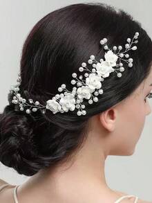 1/2pcs Silver Rhinestone Tiara & White Flower Pearl Hair Comb Set, Bridal Wedding Prom Birthday Party Princess Hair Accessories - Multicolor - View 5